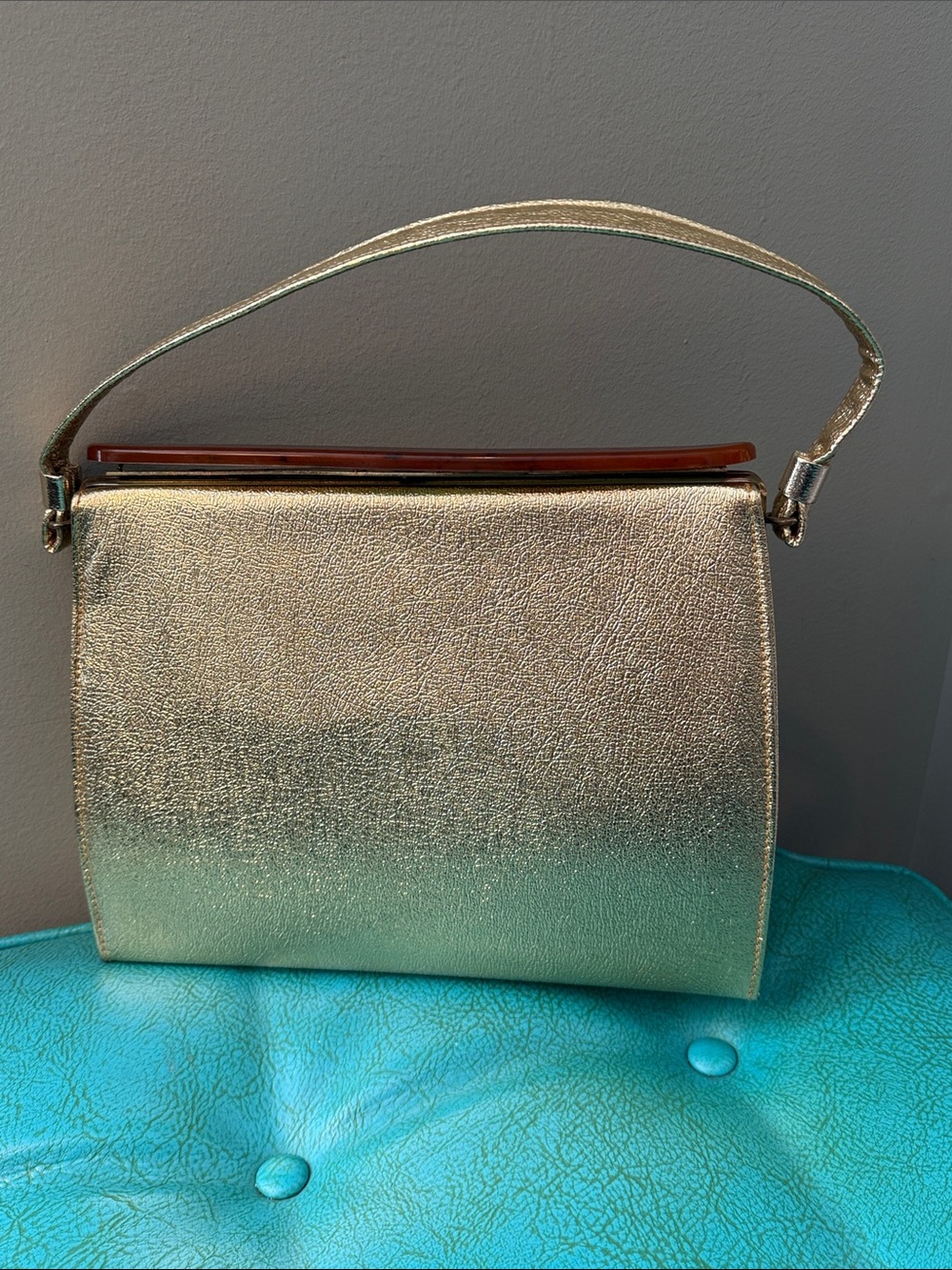 Vintage Town & Country Metallic Gold structured Shoulder Bag Purse mid century